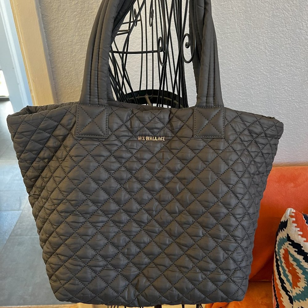 MZ Wallace Gray Medium Quilted Metro Tote Bag with Detachable Pouch